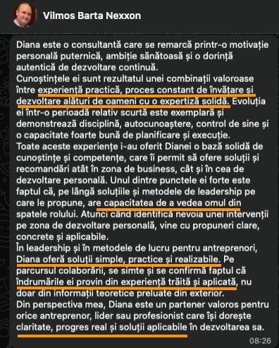 Mesaj primit de la un antreprenor cu care a lucrat Diana Crișan